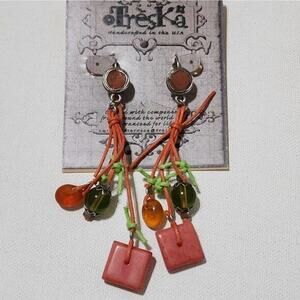 Treska Handcrafted USA Boho Dangle‎ Earrings Orange Green Pink Tassel Statement